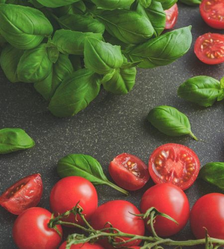 Organic basil leaves with ripe tomatoes on a rustic countertop, highlighting fresh ingredients for cooking.